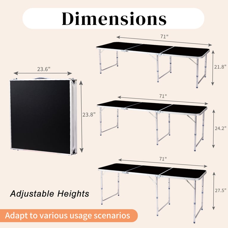 6ft Aluminum Folding Table | Adjustable Height Portable Camping Picnic Desk thumbnail 8
