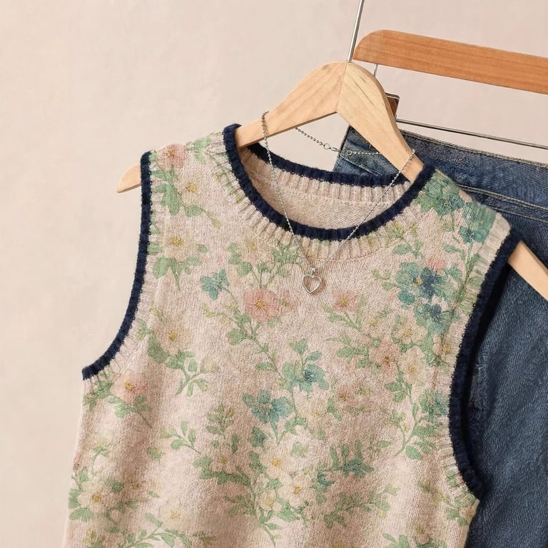 Women's Floral Knitted Vest | Loose-Fitting Sleeveless Sweater thumbnail 1