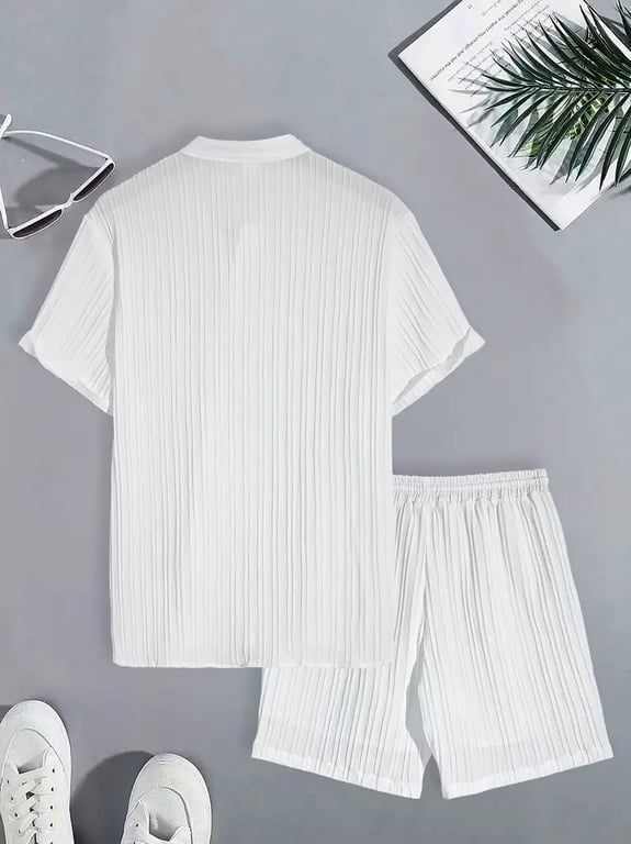 Men's Casual Stand Collar Ribbed Shirt & Shorts Set | Two-Piece thumbnail 11