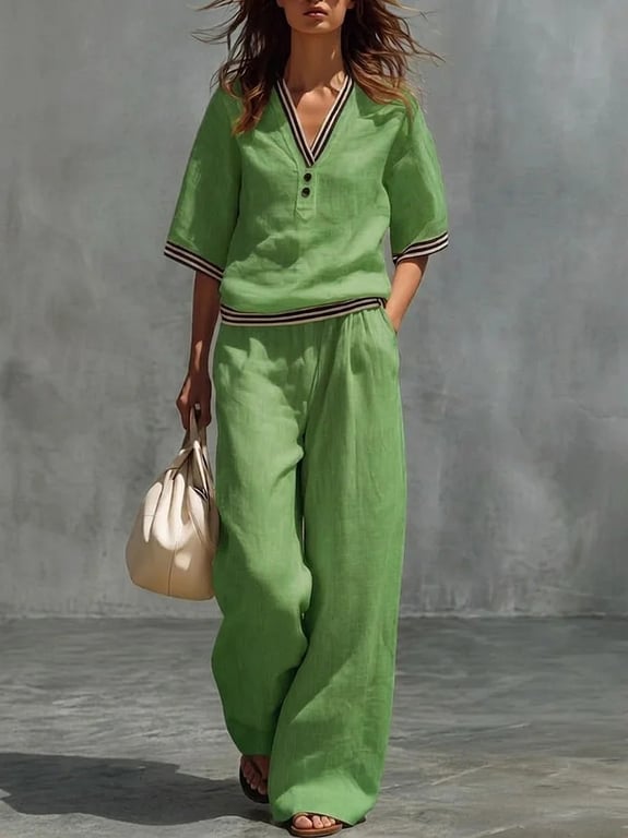 Cotton-Linen V-Neck Shirt & Pants Set | Casual Comfort thumbnail 16