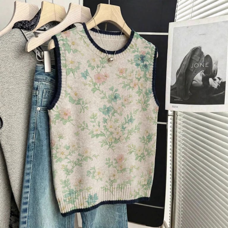 Women's Floral Knitted Vest | Loose-Fitting Sleeveless Sweater thumbnail 4