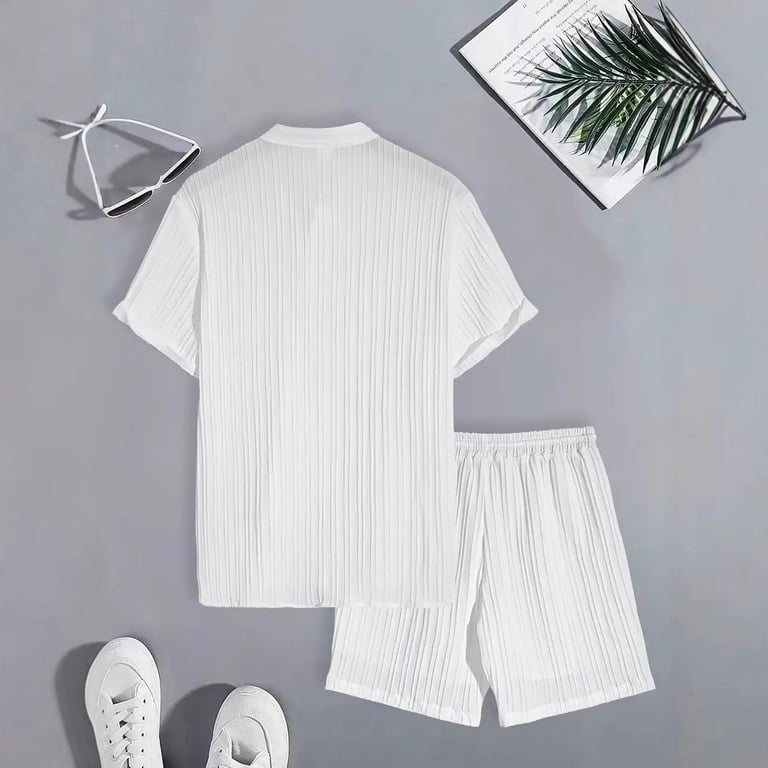Men's Casual Stand Collar Ribbed Shirt & Shorts Set | Two-Piece thumbnail 9