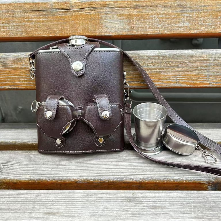 Portable Backpack Flask Sleeve with Telescoping Cups | Leather thumbnail 7
