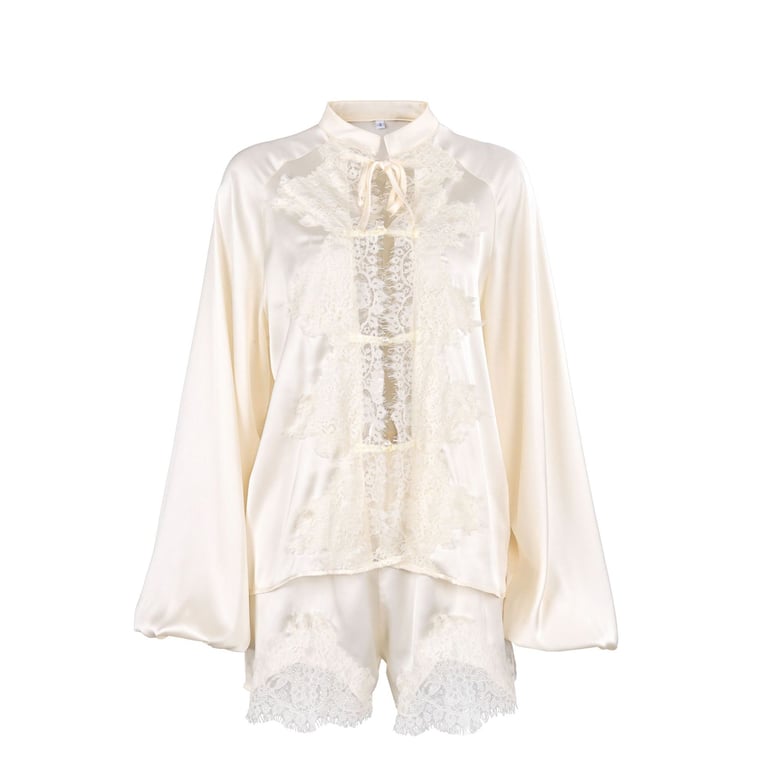 Off-White Ice-Silk Satin Lace-Trimmed Tie-Front Womens Pajama Set thumbnail 2