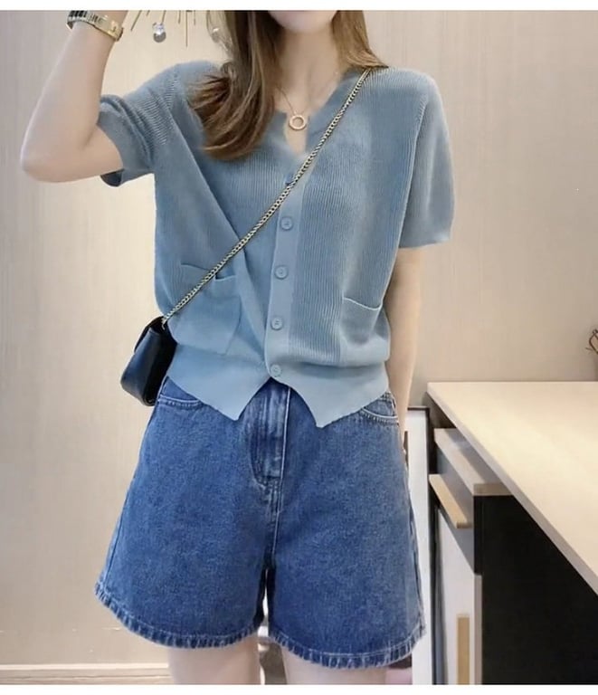 Women's V-Neck Ice-Silk Knitted T-Shirt Top | Breathable Blue Cardigan thumbnail 9