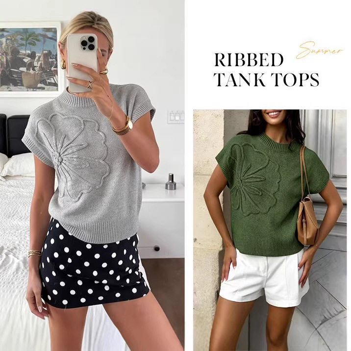 Jacquard Womens Knitted Short-Sleeve Flower Sweater | Soft Casual Top thumbnail 10