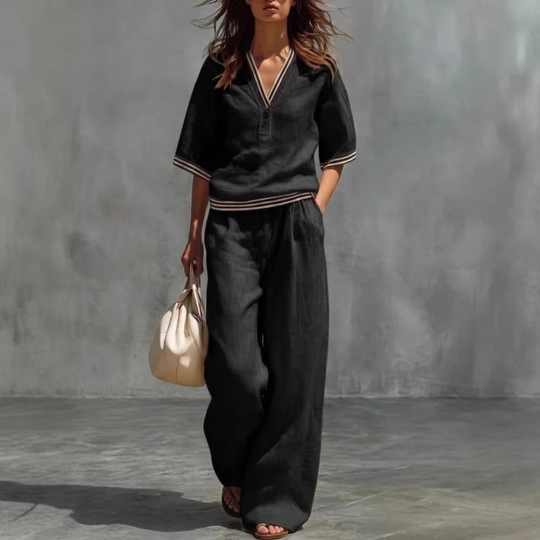 Cotton-Linen V-Neck Shirt & Pants Set | Casual Comfort thumbnail 2