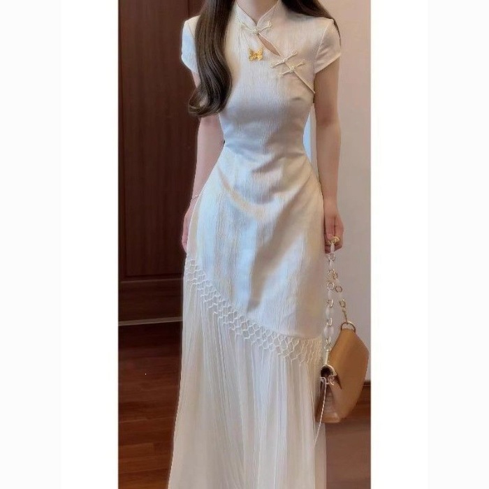 Chinese-Style Cheongsam Dress for Women | Elegant Cream Qipao thumbnail 3