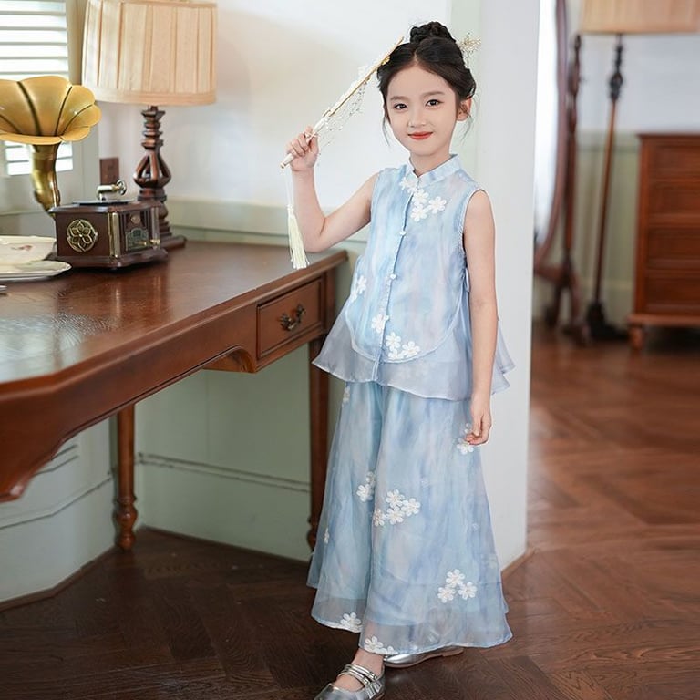 Girls' Blue Floral Two-Piece Vest Top Set | Chinese-Inspired thumbnail 4