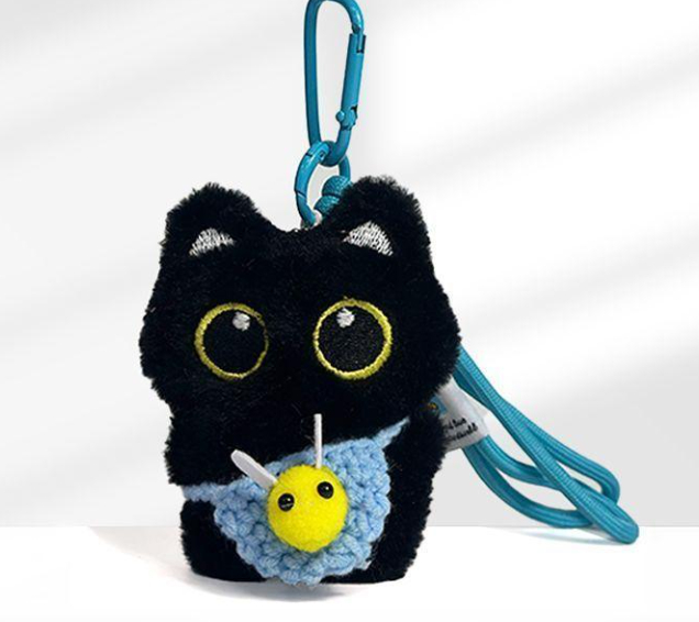 Black Cat Pendant Keychain with Bee Bib | Cute Plush Charm thumbnail 12