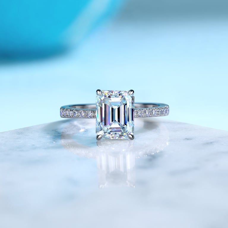 S925 Sterling Silver Four-Claw Moissanite Ring | Emerald-Cut Wedding Band thumbnail 1