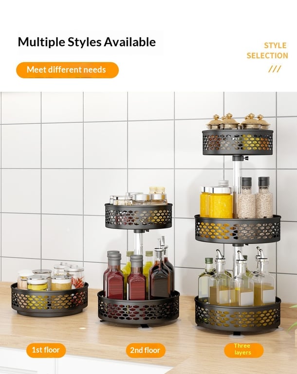 Rotating Spice Rack Carbon Steel Floor-Standing Kitchen Shelf thumbnail 5