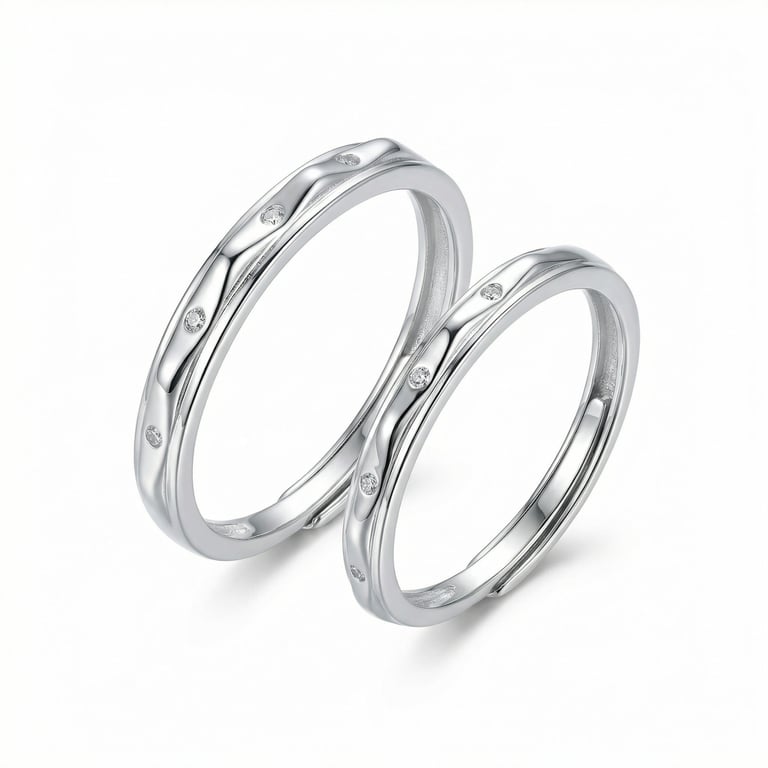 925 Sterling Silver Wavy Bands with Diamond Accents | Matching Rings thumbnail 1