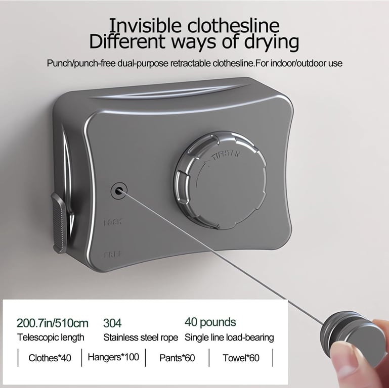 Retractable Clothesline Wall Mounted | Heavy Duty Stainless Steel 510cm thumbnail 8