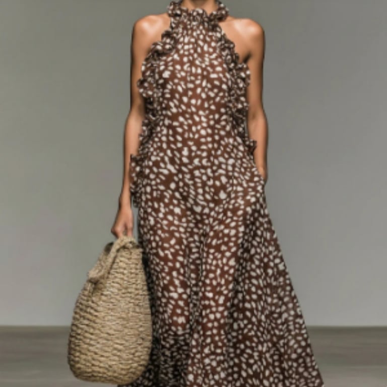 Women's Brown Speckled Maxi Dress with Ruffled Halter | Pockets thumbnail 1