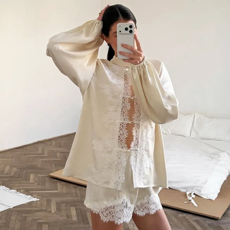 Off-White Ice-Silk Satin Lace-Trimmed Tie-Front Womens Pajama Set thumbnail 4