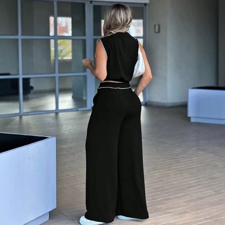Sleeveless Lapel Top with Pockets & Faux Drawstring Pants Set | Home & Kitchen thumbnail 8
