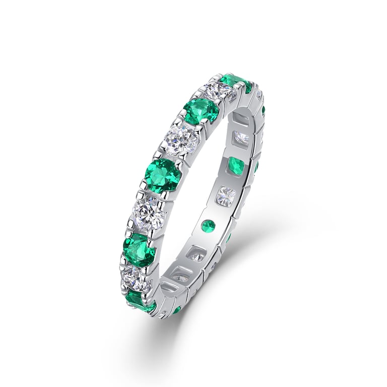 S925 Silver Platinum Eternity Ring | Green & White Gemstone Stackable thumbnail 1