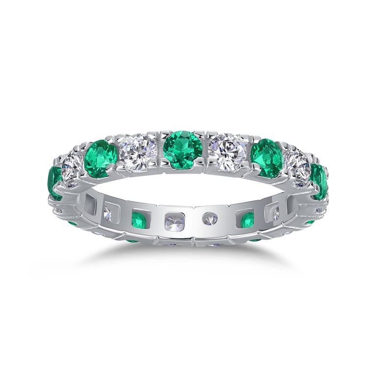 S925 Silver Platinum Eternity Ring | Green & White Gemstone Stackable thumbnail 2