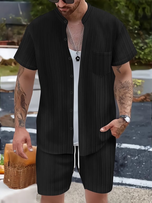 Men's Casual Stand Collar Ribbed Shirt & Shorts Set | Two-Piece thumbnail 14
