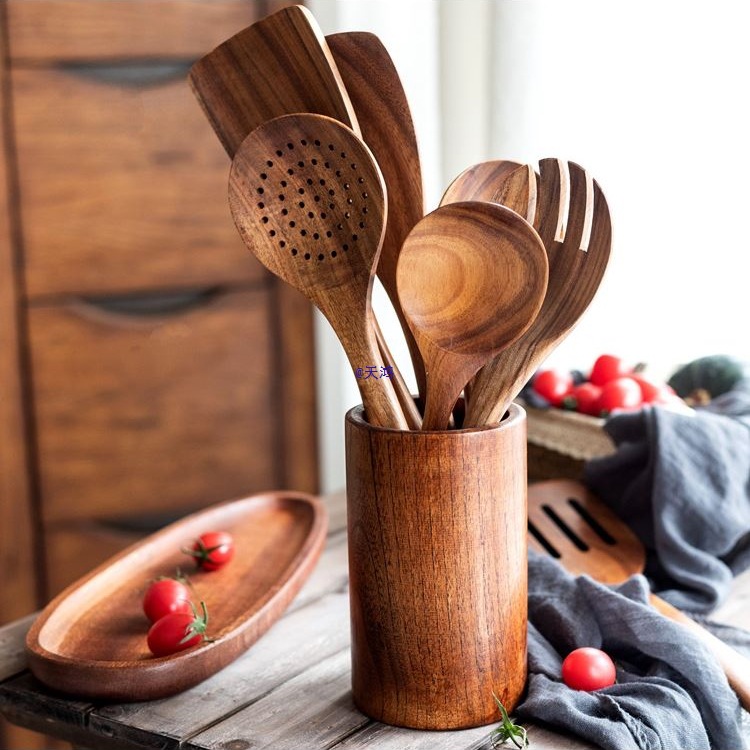 Acacia Wood Cooking Utensil Set with Holder | Natural Kitchen Tools thumbnail 7