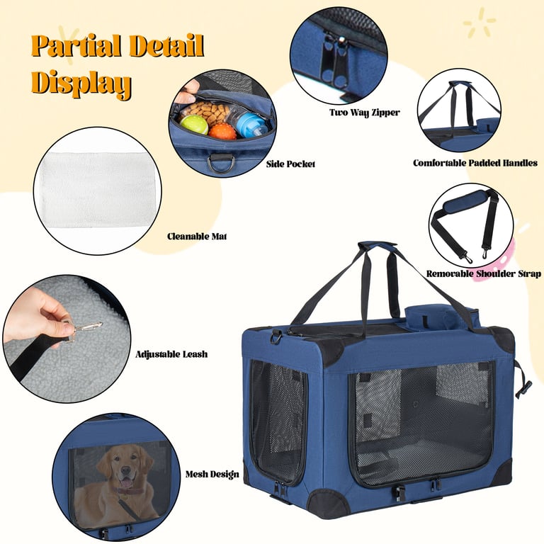 36   Soft Dog Crates Kennel, 3-Door Portable Folding Pet Carrier With Mesh Windows, Straps And Fleece Mat For Dogs, Cats, Rabbits, Meeting The Needs For Indoor, Outdoor, And Travel Use, Dark Blue thumbnail 9