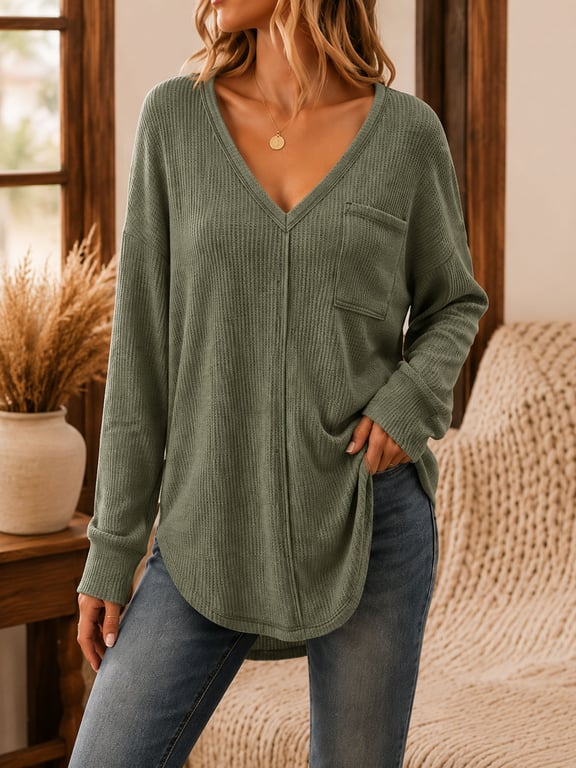 Women's Loose-Fit V-Neck Long-Sleeve Waffle Knit T-Shirt | Captain Fam thumbnail 3