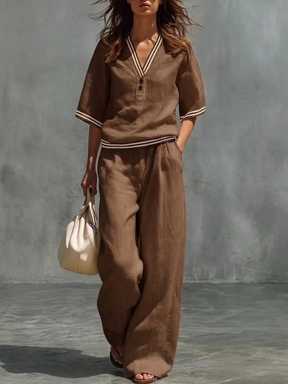Cotton-Linen V-Neck Shirt & Pants Set | Casual Comfort thumbnail 5