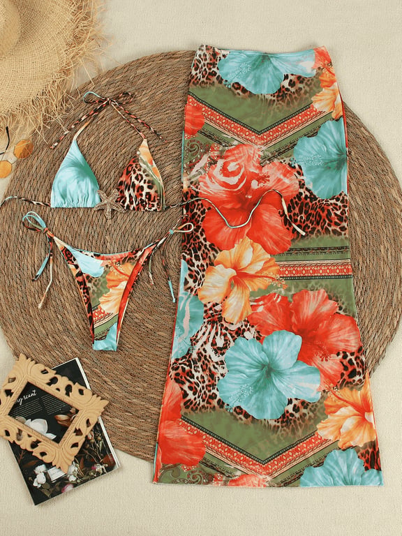 Floral Triangle Bikini Three-Piece Set with Sheer Maxi Cover-Up | Quick-Dry thumbnail 10
