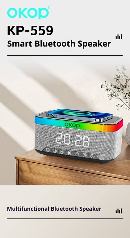 KP-559 15W Wireless Charging Clock Alarm Clock RGB Ambient Light White Noise Desktop Bluetooth Speaker thumbnail 5