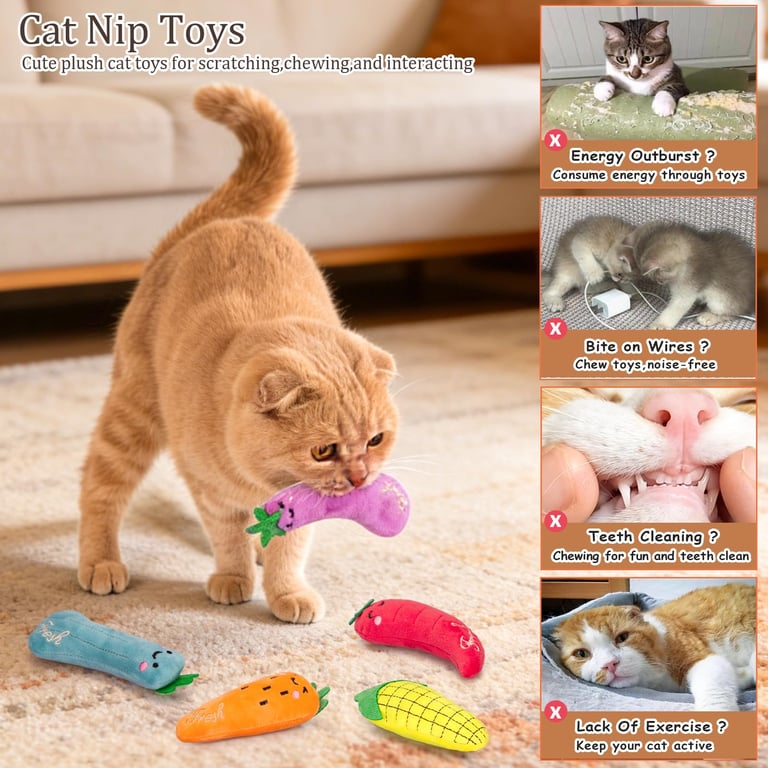Catnip Cat Toys 5-Pack | Plush Vegetable Kicker Toys for Indoor Cats thumbnail 9