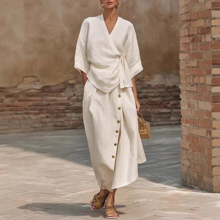 Women's Linen Two-Piece Set | Wrap Top & Button Skirt Canada thumbnail 2